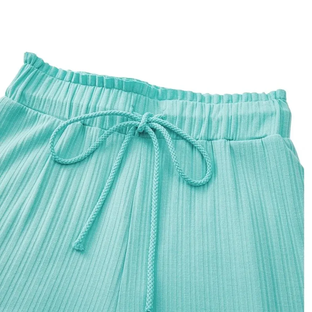 Mint Green Ribbed Button V Neck Tank Top and Shorts Set New S, M, L, XL